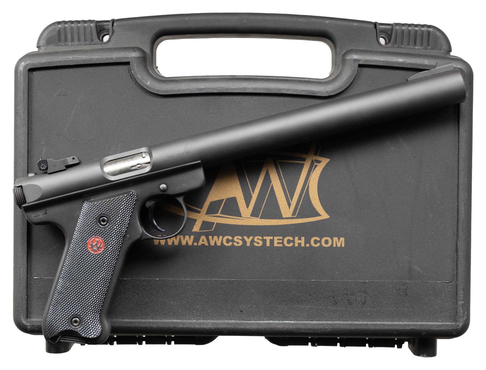 NEW RUGER MARK III TARGET SEMI-AUTOMATIC: PISTOL WITH INTEGRAL AWC BADLANDER SILENCER & ACCESSORIES. Cal. 22 (22 LR). S# 273-05120 (receiver) 120959 (silencer). Bbl. 9 1/8" (with silencer). Mark III Target semi-automatic pistol mfg. by Ruger 
