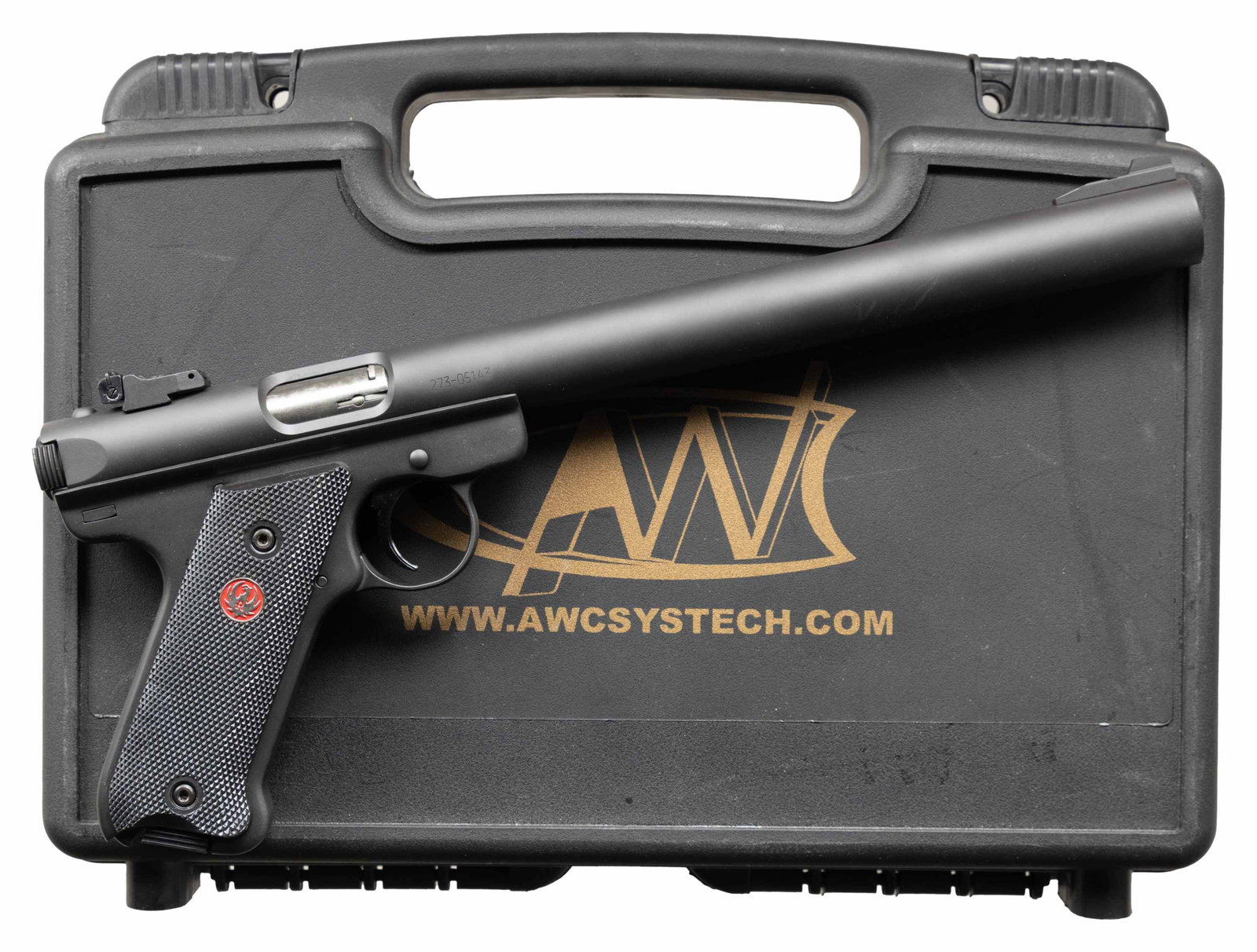 NEW RUGER MARK III TARGET SEMI-AUTOMATIC: PISTOL WITH INTEGRAL AWC BADLANDER SILENCER & ACCESSORIES. Cal. 22 (22 LR). S# 273-05143 (receiver) 120960 (silencer). Bbl. 9 1/8" (with silencer). Mark III Target semi-automatic pistol mfg. by Ruger 