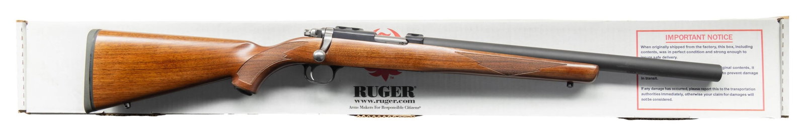 NEW, RUGER MODEL 77/22 BOLT ACTION RIFLE WITH: INTEGRAL AWC ULTRA II SILENCER & ACCESSORIES. Cal. 22 (22 LR). S# 703-68619 (receiver) 121183 (silencer). Bbl. 17 5/8" (with silencer). Model 77/22 bolt action rifle mfg. by Ruger and subsequently fit