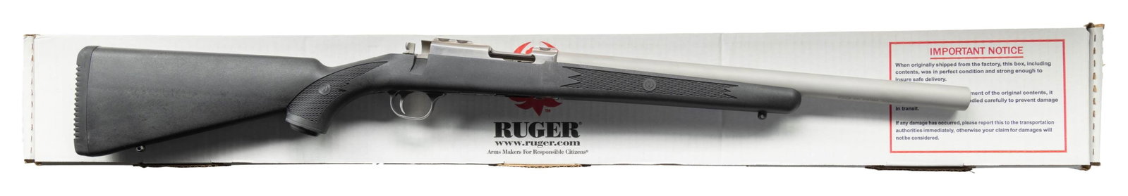 NEW, RUGER MODEL 77/22 BOLT ACTION RIFLE WITH: INTEGRAL AWC ULTRA II SILENCER & ACCESSORIES. Cal. 22 (22 LR). S# 703-66696 (receiver) 121166 (silencer). Bbl. 17 5/8". Model 77/22 bolt action rifle mfg. by Ruger and subsequently fitted with an inte