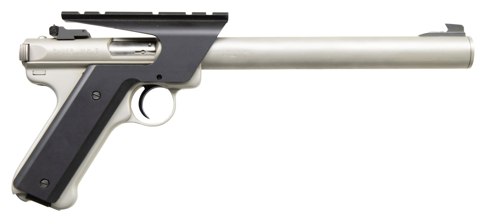 RUGER MK II SEMI-AUTOMATIC PISTOL WITH JOHNS GUNS: P22 INTEGRAL SILENCER. Cal. 22 (22 LR). S# P1584. Bbl. 9 1/2" (with silencer). Originally mfg. as a Standard Mk II semi-automatic pistol by Ruger circa. 2000, this example was subsequently permanently