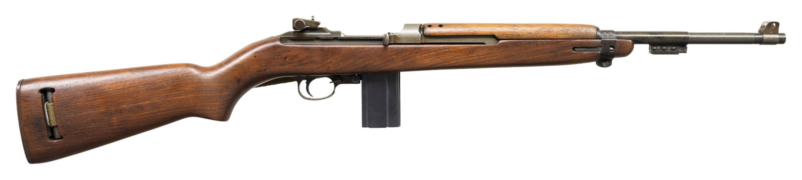 U.S. IRWIN PEDERSON M1 SEMI-AUTO MILITARY CARBINE.: Cal. 30 Carb. S# 1772096. Bbl. 18". Marked behind front sight "UNDERWOOD / 1-43 / flaming bomb". Wide barrel band with bayonet lug. Six o'clock slide marked "PI". Flat IO bolt. Stamped "LRCO" adjustab