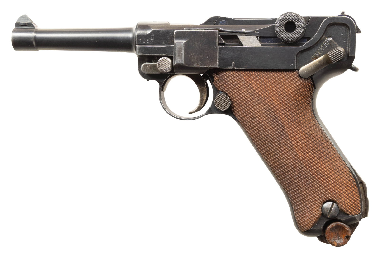 VERY NICE POLICE UNIT MARKED DWM "1920" DATE P.08: POLICE LUGER SEMI-AUTOMATIC PISTOL. Cal. 9x19mm. S# 7860m. Bbl. 4 1/8". P.08 Luger semi-automatic pistol seemingly fashioned from a 1920 Commercial Luger mfg. by DWM for police use. The bbl. extension