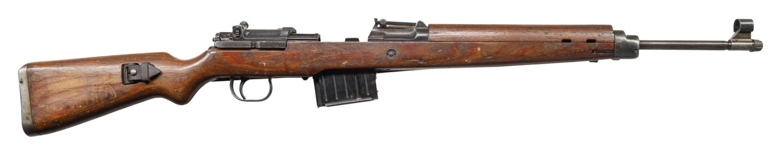 WW2 GERMAN WALTHER (AC44) G43 SEMI AUTO RIFLE.: Cal. 8x57 (8mm Mauser). S# 2345f. Bbl. 22" threaded & British proofed. Standard G43 sights with original hood on front. All matching numbers. Bolt assembly also has British BNP proof. Left side of rea