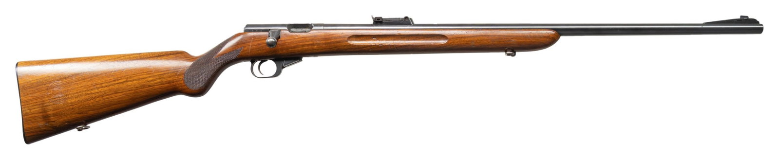 MAUSER MS420 BOLT ACTION RIFLE.: Cal. 22 LR. S# 33695. Bbl. 25 1/2". Ramped blade front sight. Tangent rear sight graduated to 200m. All visible matching numbers. Mag fed rimfire rifle. Receiver has Mauser Banner. Blued finish. Check