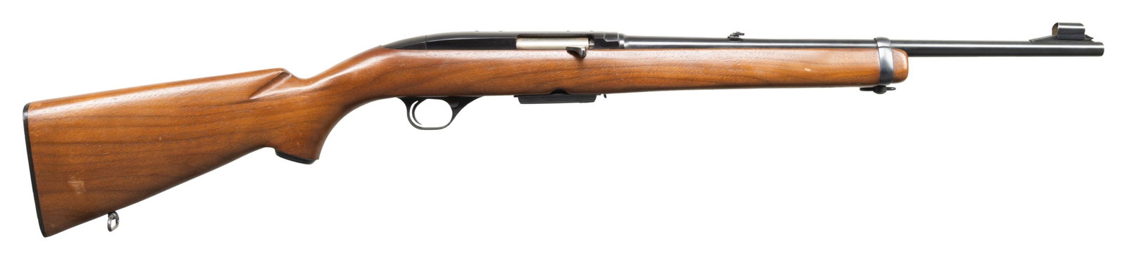 .243 WIN WINCHESTER 100 CARBINE SEMI AUTO RIFLE.: Cal. 243 Win. S# A176374. Mfg. 1967. Bbl. 19" with ramp mounted hooded bead front sight and flip up rear sight. Smooth pistol grip stock with steel red "W" pistol grip cap, checkered black plastic but