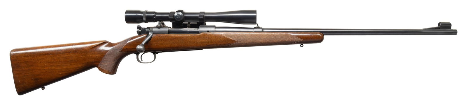 220 SWIFT, WINCHESTER PRE-WAR MODEL 70 BOLT ACTION: RIFLE. Cal. 30-06. S# 43354. Mfg. 1941. Tapered 24" barrel w/ ramp mounted hooded bead front sight & folding rear sight. 3-9x crosshair scope on Pachmayr side mount. Lyman 48 receiver sight. First mod
