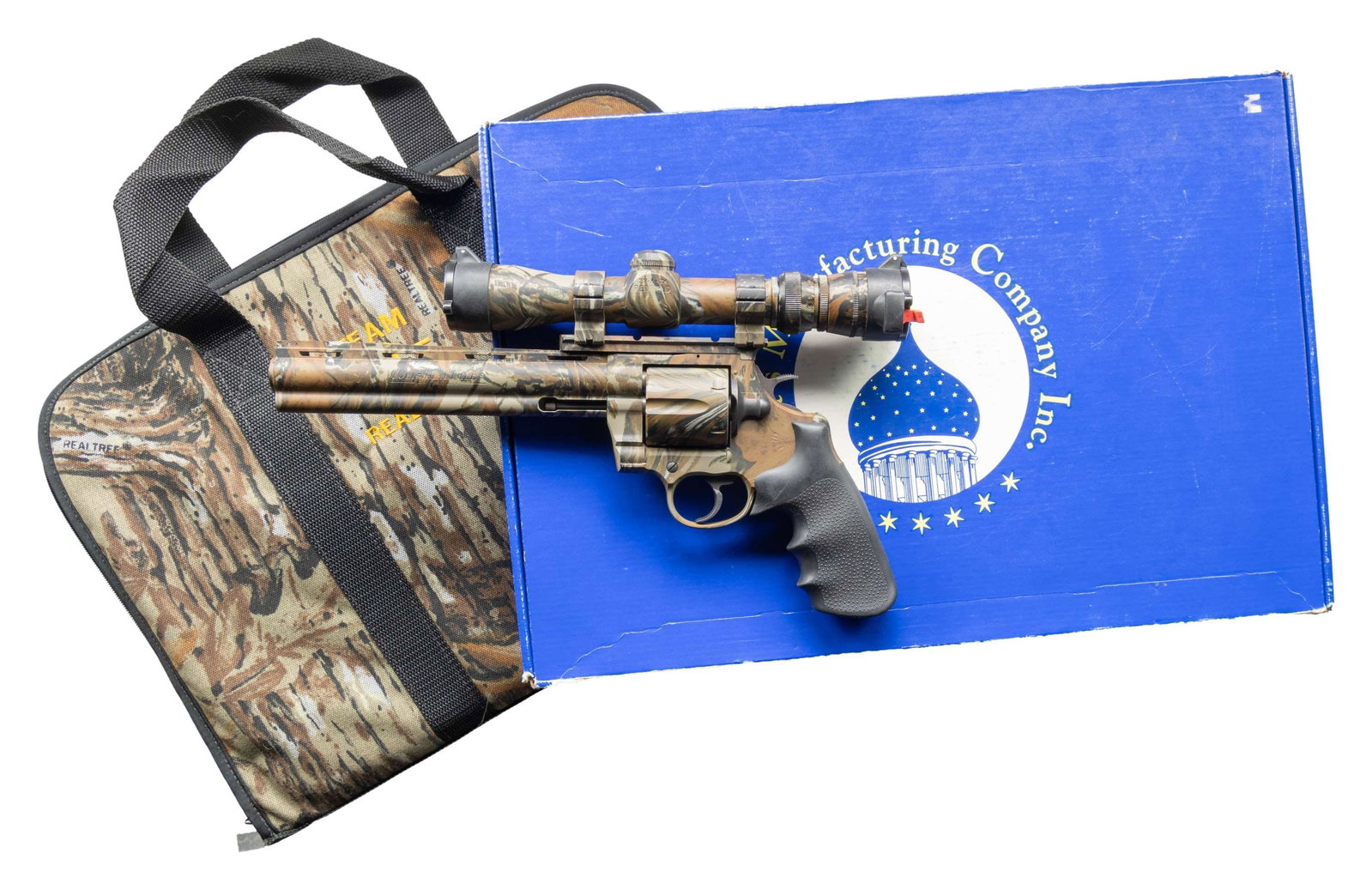 COLT REAL TREE ANACONDA DA REVOLVER PACKAGE.: Cal. 44 Mag. S# MM86442. Bbl. 8" with full lug, empty front sight blade slot, raised solid rib, recessed crown plus Realtree camo finish; left side of barrel marked "COLT REALTREE" over "44 magnum".