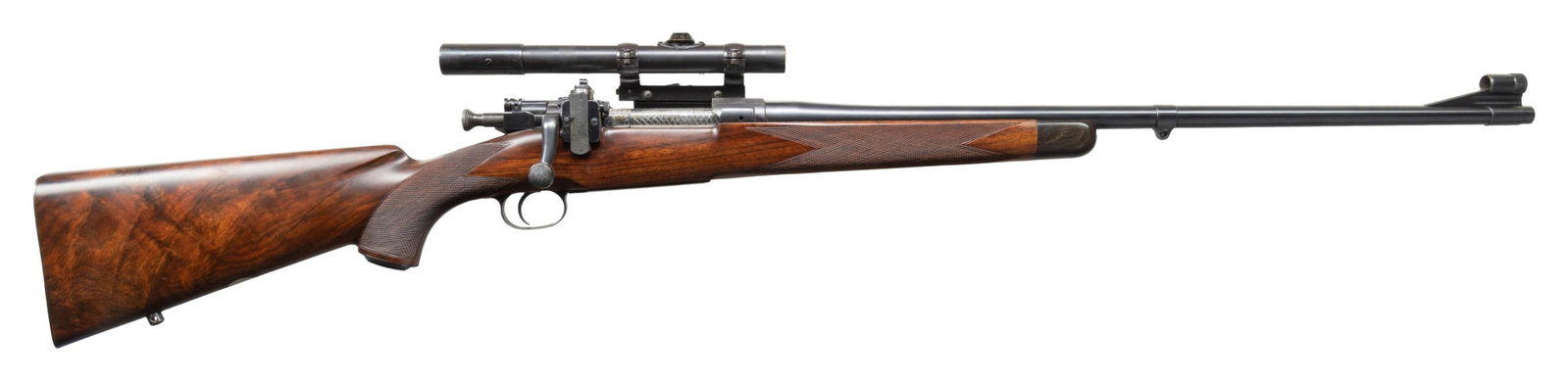 EXCEPTIONAL GRIFFIN & HOWE CUSTOM SPRINGFIELD 1903: BOLT ACTION RIFLE. Cal. 30-06. S# 1528. Bbl. 24" medium weight. Top bbl. flat is marked "No. 1528 Griffin & Howe Inc. New York". Bead front sight with knurled hood is mounted on a bbl. band base with 