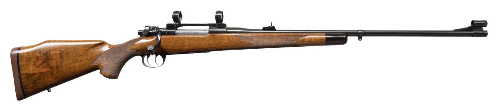 8x68 S, PAUL JAEGER CUSTOM MAUSER BOLT RIFLE.: Cal. 8x68 S. S# 2229. Tapered 24" bbl. appearing dated on bottom July 1974 (7.74). Hooded band mounted bead front sight, Williams receiver sight, & Redfield rings & bases. Mauser style controlled feed