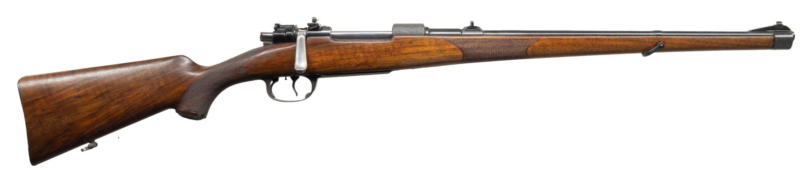 EARLY 1920'S, 30-06 MAUSER TYPE M BOLT ACTION: SPORTER CARBINE. Cal. 30-06. S# 82795. Mfg. approx. 1920-1921; Mauser restarted production of commercial rifles in 1920. Carbine 18.5" bbl. Ramp mounted blade front sight & fixed 1 leaf rear sight; Ly