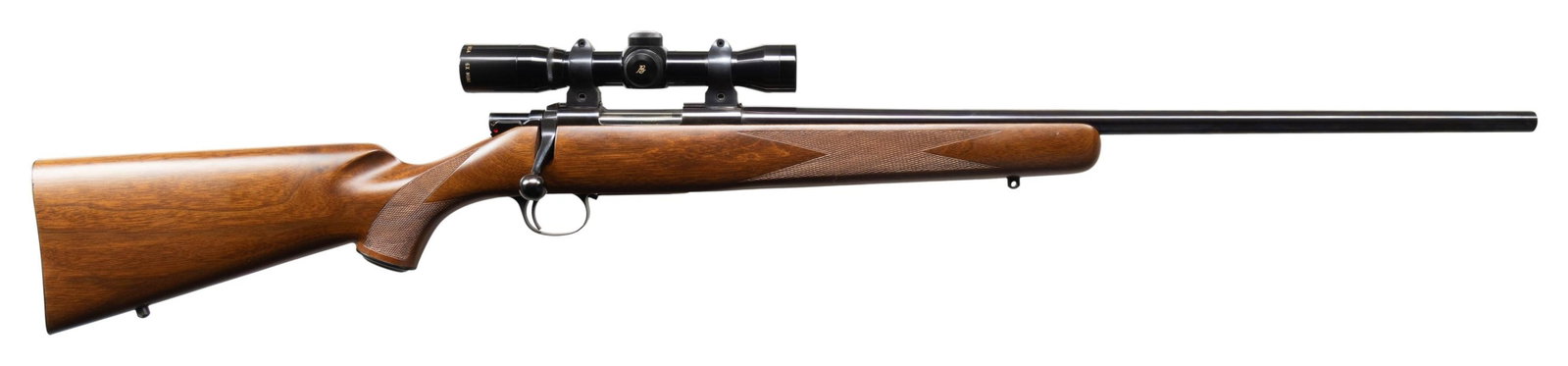 KIMBER MODEL 84 BOLT ACTION RIFLE.: Cal. 223 Rem. S# 2353. Bbl. 22" with Clackamas, OR address. Rifle is sighted with a receiver mounted Burris 6x Mini scope. Scope has duplex crosshair reticle with slightly tinted optics. Blued finish.