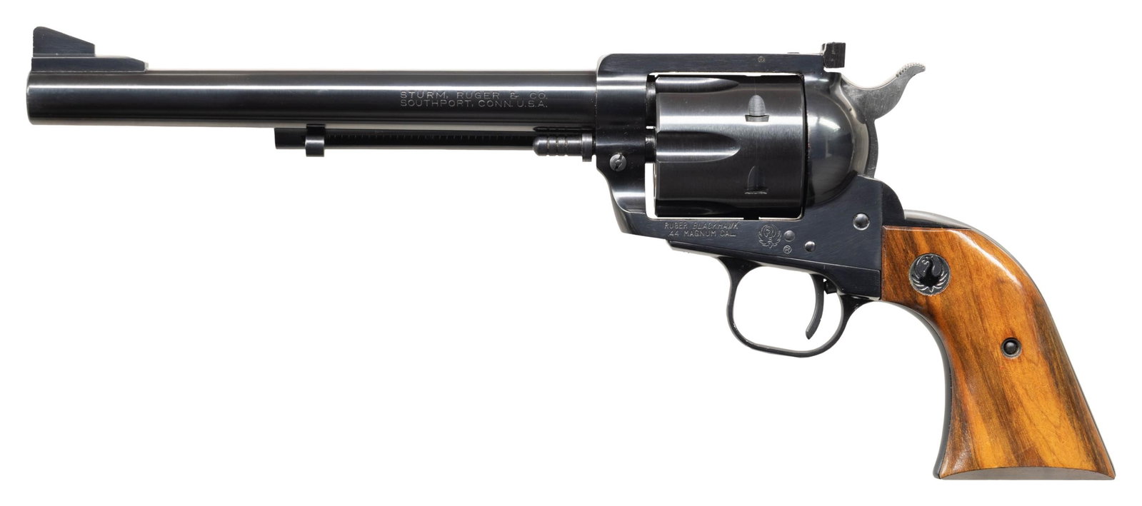 RARE 7 1/2" RUGER FLAT TOP 44 BLACKHAWK REVOLVER.: Cal. 44 Mag. S# 16373. Bbl. is 7 1/2" with serrated blade integral to ramped base front sight plus proper "Micro" marked rear sight. Mfg. 1959 (1956-1962 for all 44 Flat Tops) as Type 4 BKH47; straigh