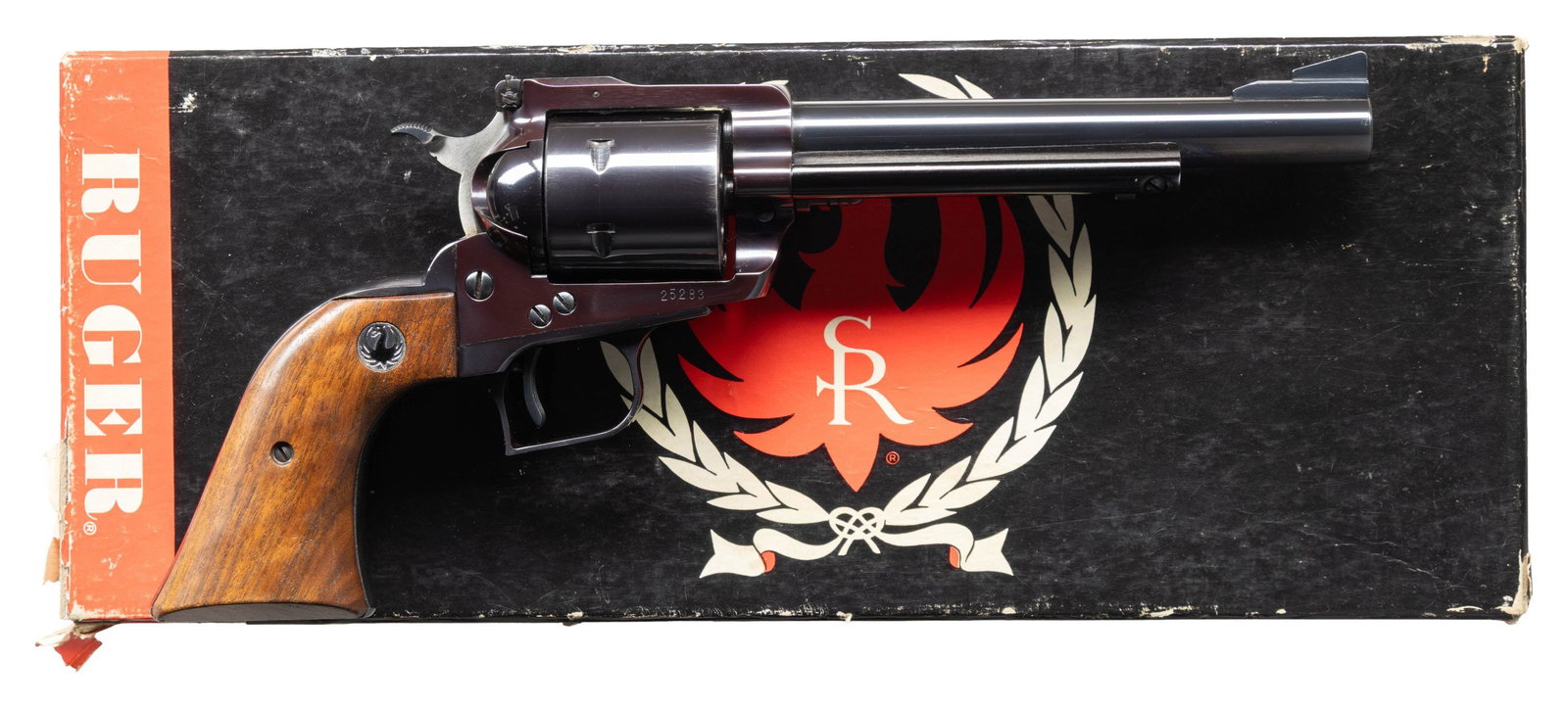 SCARCE 6-1/2" RUGER OLD MODEL SUPER BLACKHAWK: REVOLVER. Cal. 44 Mag. S# 25283. Bbl. 6 1/2" with serrated blade on ramped base; factory frame mounted adjustable rear sight. Mfg. 1966 (1959-1973) as Model S46 having eagle logo near barrel address (