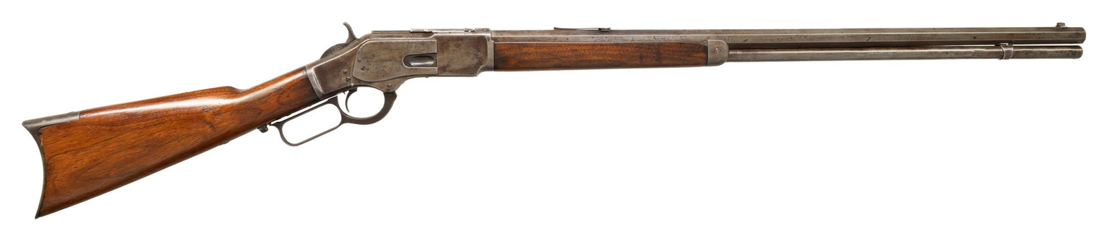DOCUMENTED SPECIAL ORDER WINCHESTER SECOND MODEL: 1873 EXTRA LONG LEVER ACTION RIFLE. Cal. 44-40. S# 69329. Mfg. 1881. Bbl. 28" octagon (4" longer than standard). Sporting sights. Walnut forend and straight grip stock with crescent steel buttplate. U