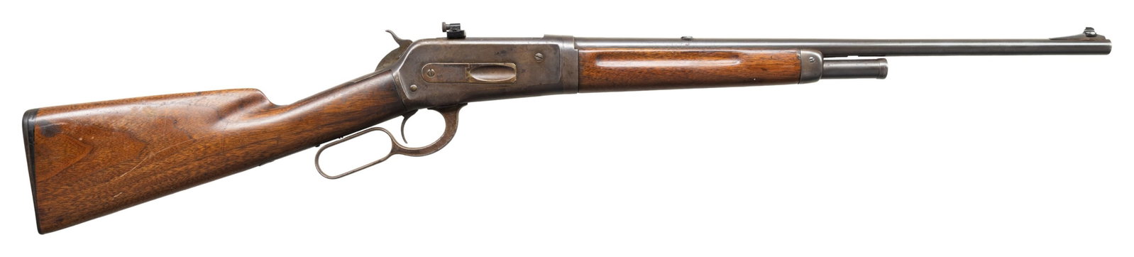 WINCHESTER 1886 TAKEDOWN LEVER ACTION RIFLE.: Cal. 33 WCF. S# 153478. Mfg 1914. This rifle is fitted with a 20" round bbl with a ramp mounted dovetailed Marbles 34W front sight & the rear sight dovetail filled with a Redfield block. The 2/3 magaz