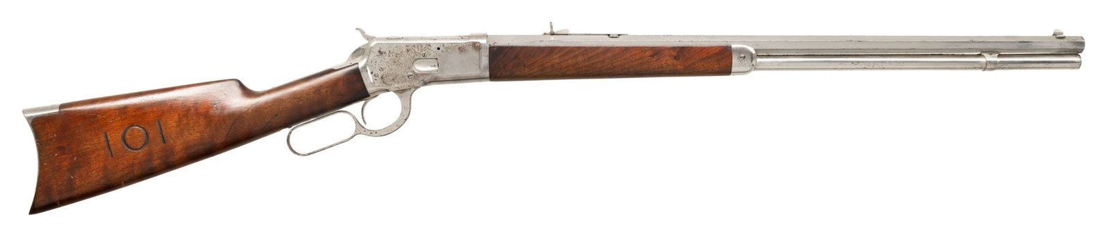 EXCEPTIONALLY RARE DOCUMENTED WINCHESTER MODEL: 1892 FACTORY SMOOTHBORE WITH FULL NICKEL FINISH. Cal. 44 WCF Smoothbore measures .420 at muzzle. S# 54117. Mfg. 1896. Smoothbore Winchester rifles of any Model are very rare, the fact that this one le
