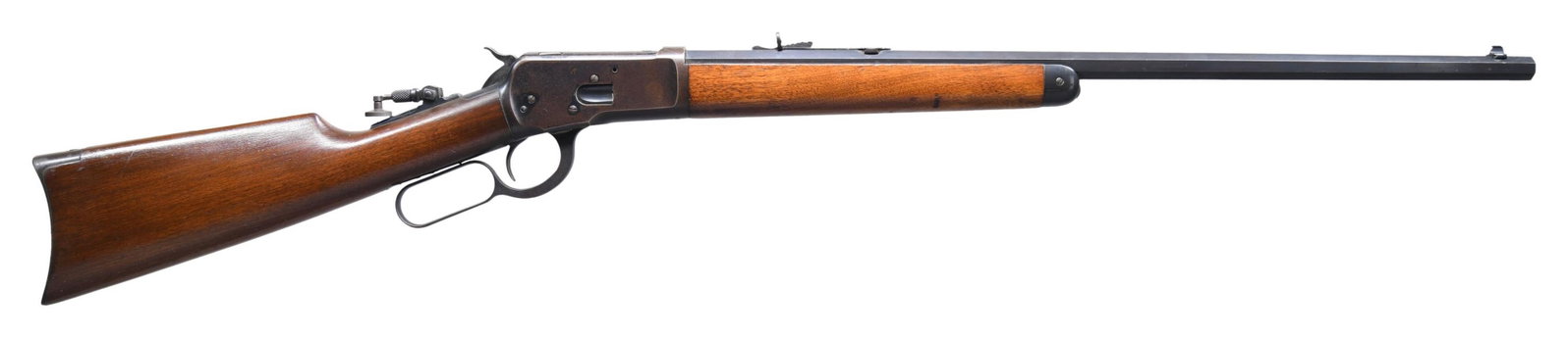 SPECIAL ORDER WINCHESTER MODEL 1892 LEVER ACTION: RIFLE. Cal. 32 WCF (32-20). S# 866325. Bbl. 24" octagon. Marbles No. 3 bead front sight, original sporting rear sight, with Lyman tang sight. Button mag. Blue finish. Walnut forearm and straight grip 