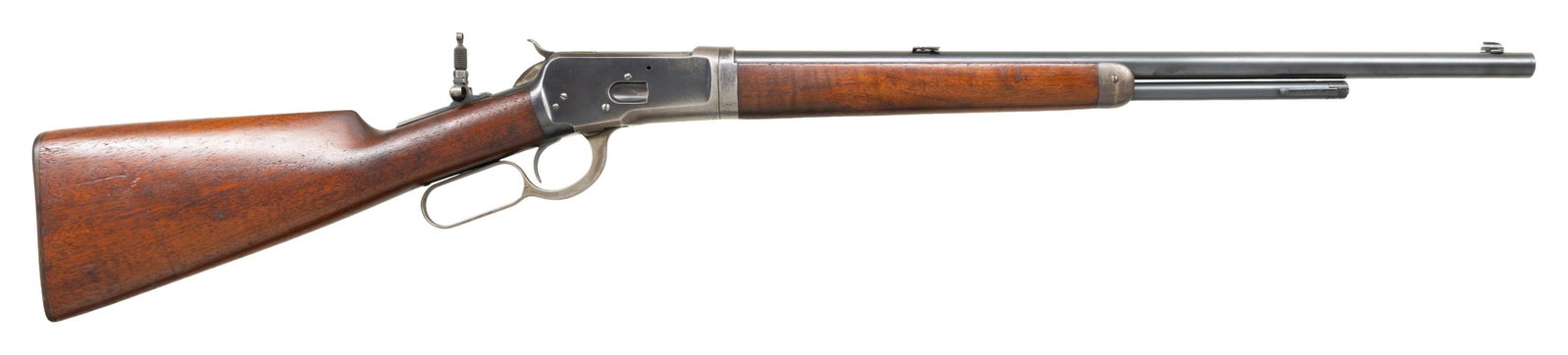 SPECIAL ORDER WINCHESTER 1892 TAKEDOWN LEVER: ACTION SHORT RIFLE. Cal. 25-20. S# 521134. Mfg. 1910. This very nice original special order number has a rare 22" round rifle bbl. The barrel is fitted with a dovetailed Marbles Sheard front sight and