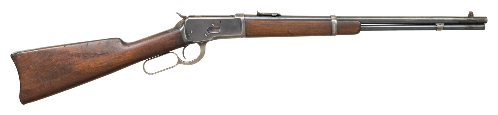 WINCHESTER 1892 SADDLE RING CARBINE.: Cal. 25-20 W.C.F. S# 404744. Mfg. 1907. It is fitted with a 20" carbine bbl with a iron block riser with pinned bead front sight and carbine adjustable leaf rear sight. It is marked with the late bbl 