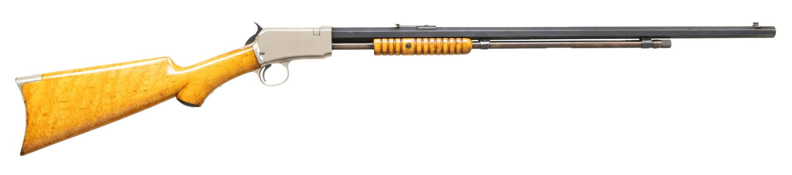 SPECIAL ORDER HALF NICKEL WINCHESTER 3rd MODEL 90: SLIDE ACTION RIFLE WITH BIRD'S EYE MAPLE STOCK. Cal. 22 WRF. S# 561020A. Bbl. 24" oct with original sporting sights. Blued bbl., mag tube, trigger & hammer. Receiver and buttplate are factory nickel f
