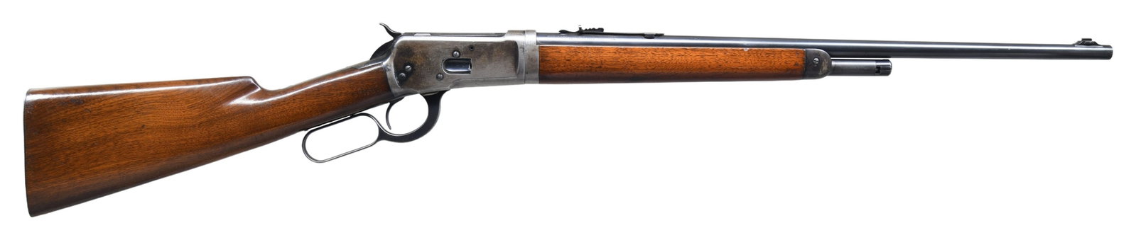 WINCHESTER MODEL 53 TAKEDOWN LEVER ACTION RIFLE.: Cal. 44 WCF (44-40). S# 3334. Bbl. 22" tapered rnd. Ramp mounted Lyman bead front sight with original flat top sporting rear sight. Half length takedown mag. Blue finish. Walnut forearm and straight