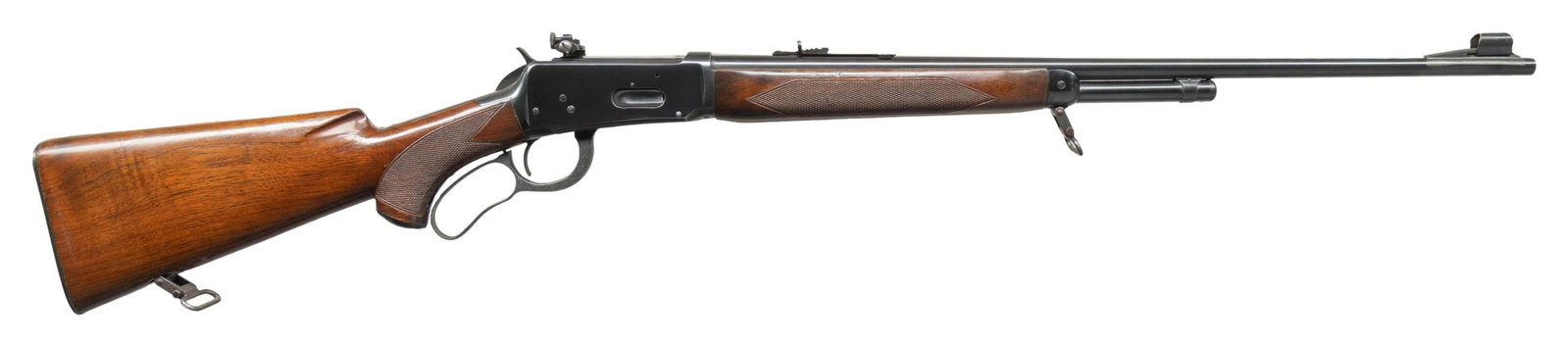 WINCHESTER MODEL 64 LEVER ACTION "DEER RIFLE".: Cal. 30-30 Win. S# 1883098. Mfg. 1952. It is fitted with a 24" bbl. with ramp mounted hooded bead front sight & elevator adj sporting rear sight. 1/2 magazine. The pistol grip frame has a Lyman receiv