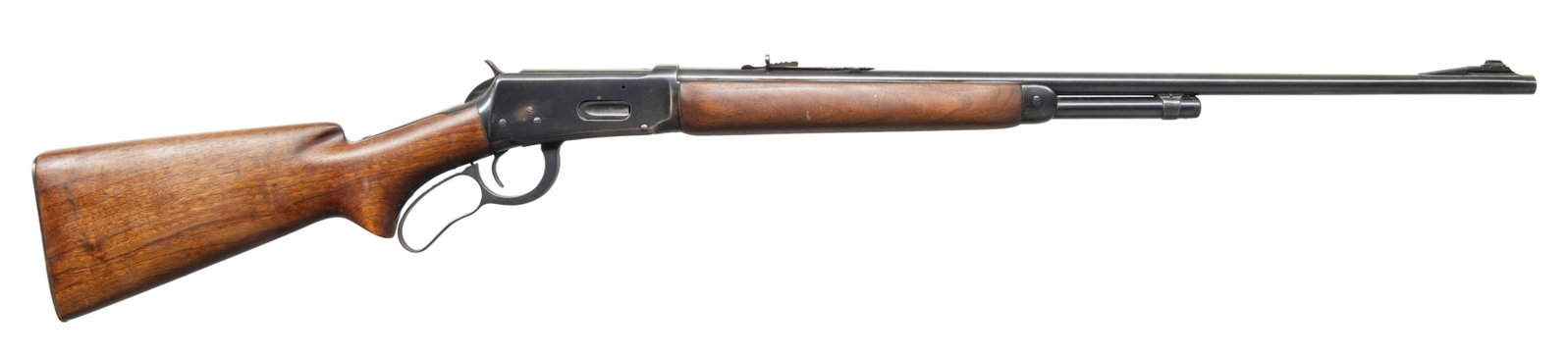WINCHESTER MODEL 64 LEVER ACTION RIFLE.: Cal. 32 WS. S# 1406247. Mfg. 1947. Bbl. 24" with ramp mounted dovetailed bead front & cloverleaf elevator adjustable rear sight. 1/2 magazine. Smooth semi- beavertail forearm and smooth pistol grip st