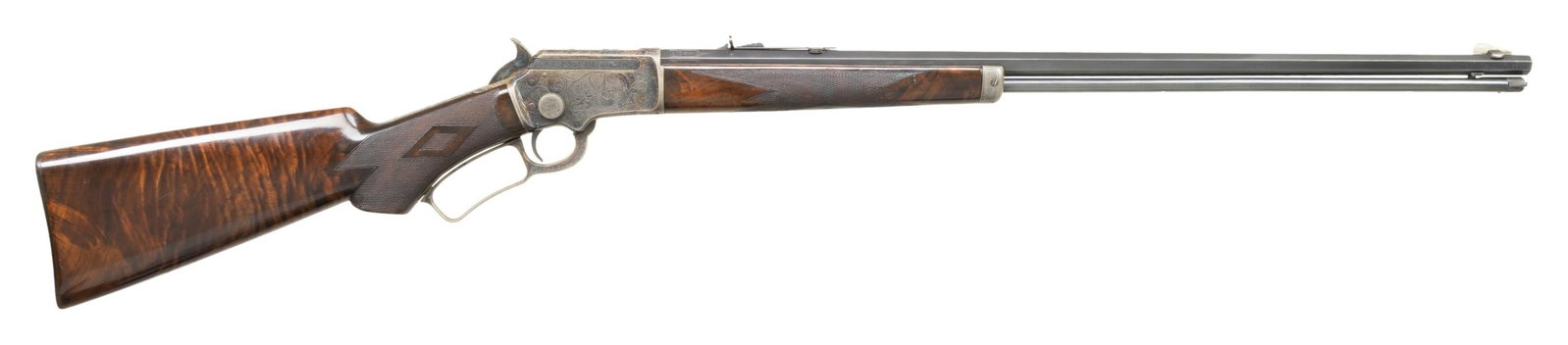 RARE NO. 5 ULRICH ENGRAVED MARLIN MODEL 97 DELUXE: LEVER ACTION RIFLE. Cal. 22 S, L, LR. S# 402003. Barrel 24" octagon with German silver Rocky Mountain blade front sight & elevator adjustable semi buckhorn rear sight. Rifle features No. 5 engraving p