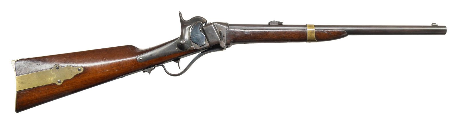 SCARCE SHARPS MODEL 1855 U.S. NAVY CARBINE.: Cal. 577. S# 21263. Bbl. 19" is unmarked with the British leaf style rear sight. The action is fitted with a Maynard Tape Priming Mechanism. The priming device cover is marked "Edward Maynard / Patent