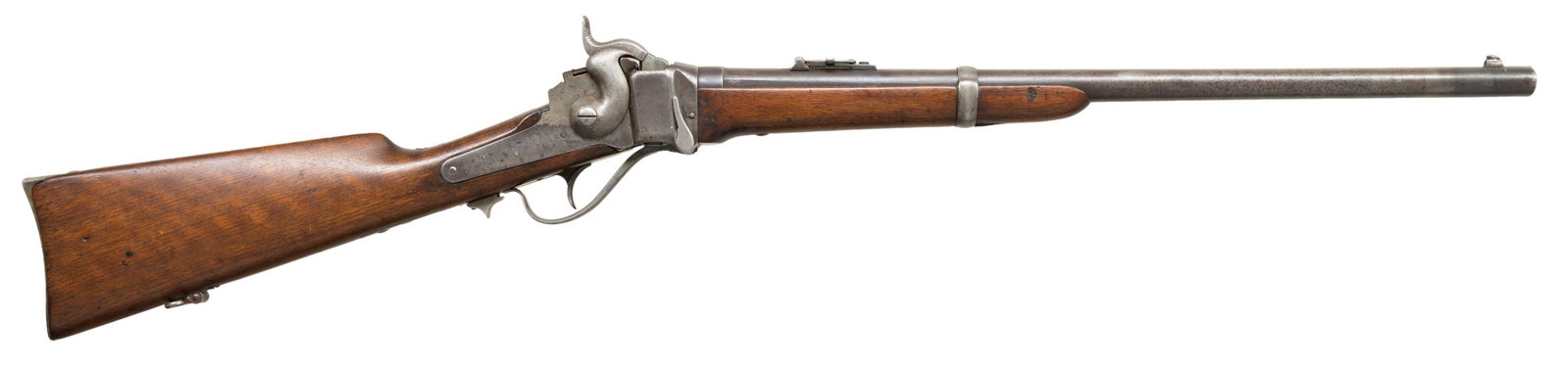 SHARPS NEW MODEL 1859 MILITARY CARBINE.: Cal. 52. S# 37511. Approx 27,000 New Model 1859 carbines were produced from 1860-63 within the SN range of 30,000-80,000. It is fitted with a 22" bbl with a raised iron block pinned iron blade front s