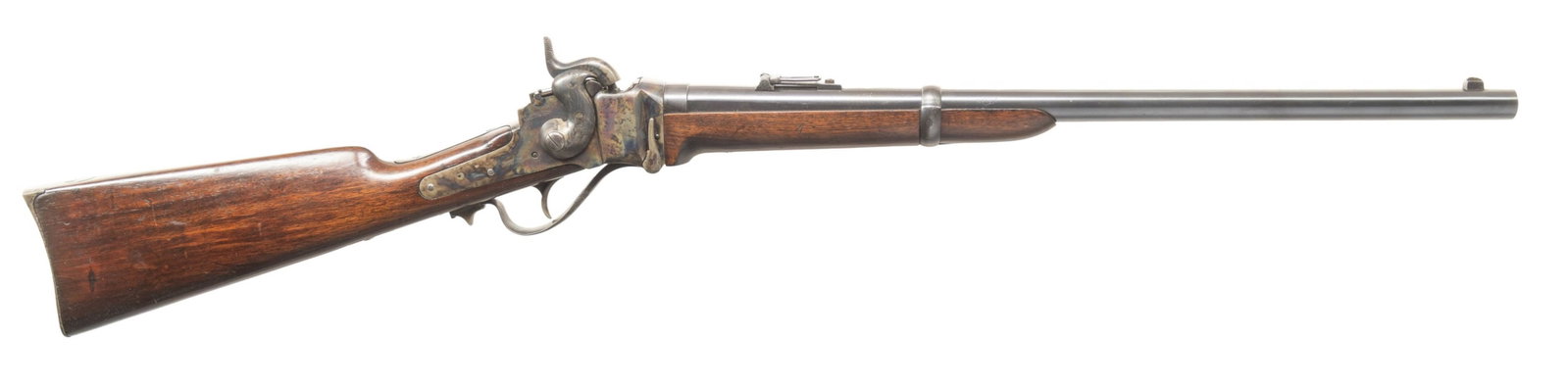 CIVIL WAR MODEL 1863 SHARPS SADDLE RING CARBINE.: Cal. 52. S# C 30828. Standard configuration, 22" bbl, Lawrence patent rear sight, "SHARPS RIFLE / MANUFG CO / HARTFORD CONN", and at breech "NEW MODEL 1863". Both sides of frame have more patent marki