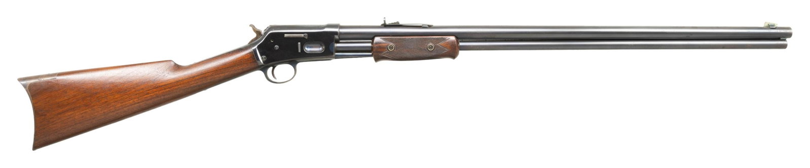 ATTRACTIVE, HIGH CONDITION ANTIQUE COLT MEDIUM: FRAME SLIDE ACTION RIFLE Cal. 44-40. S# 49921. Bbl. 26" round with German silver blade front sight and elevator adjustable sporting rear sight. Blued receiver, barrel & mag tube. Nitre blued trigger a