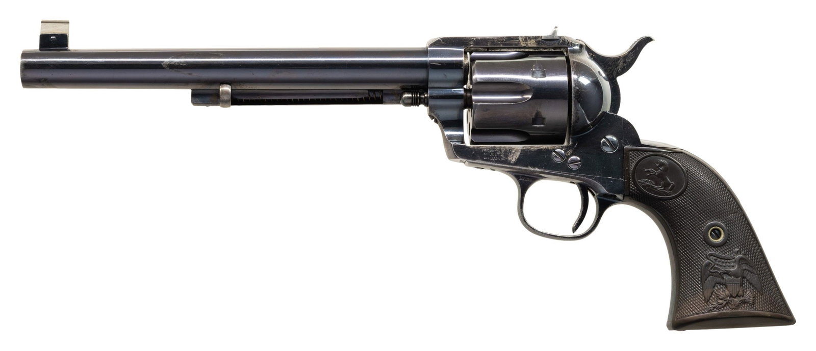 RARE AND DOCUMENTED, ONE OF 93, COLT SAA FLATTOP: TARGET IN 22 RIMFIRE. Cal. 22 RF. S# 128467. Bbl.7 1/2" with target sights. Full high gloss blue finish. Front left side of trigger guard stamped " 22 CAL". The 22 RF chambering of the Colt SAA revolv