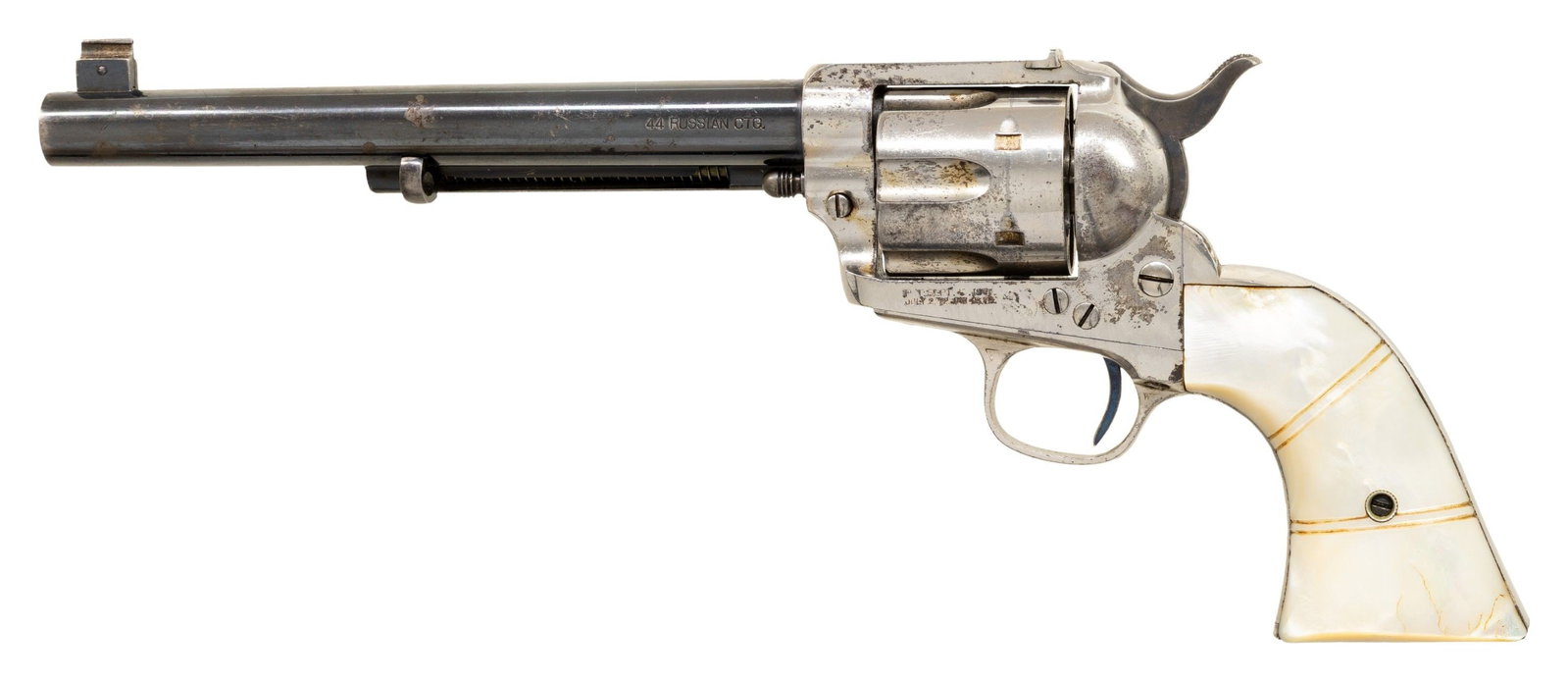 RARE AND UNIQUE DOCUMENTED "DUAL TONE" COLT SAA: FLAT TOP TARGET REVOLVER CHAMBERED IN 44 RUSSIAN. Cal. 44 Russian. S# 162884. According to " THE 36 CAILBERS OF THE COLT SINGLE ACTION ARMY" By David M Brown on page 10, there were only 923 standard f