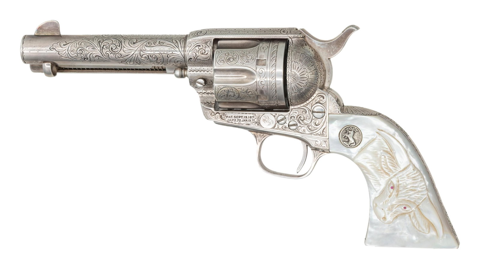 STUNNING DOCUMENTED TEXAS SHIPPED LEVEL 2 FACTORY: ENGRAVED COLT SAA REVOLVER WITH ACCOMPANYNG FACTORY LETTER.Cal. 45 Colt. S# 333290. Barrel 4-3/4" with blade front sight. Manufactured 1916 with 75% coverage level 2 factory engraving. Colt's primary 