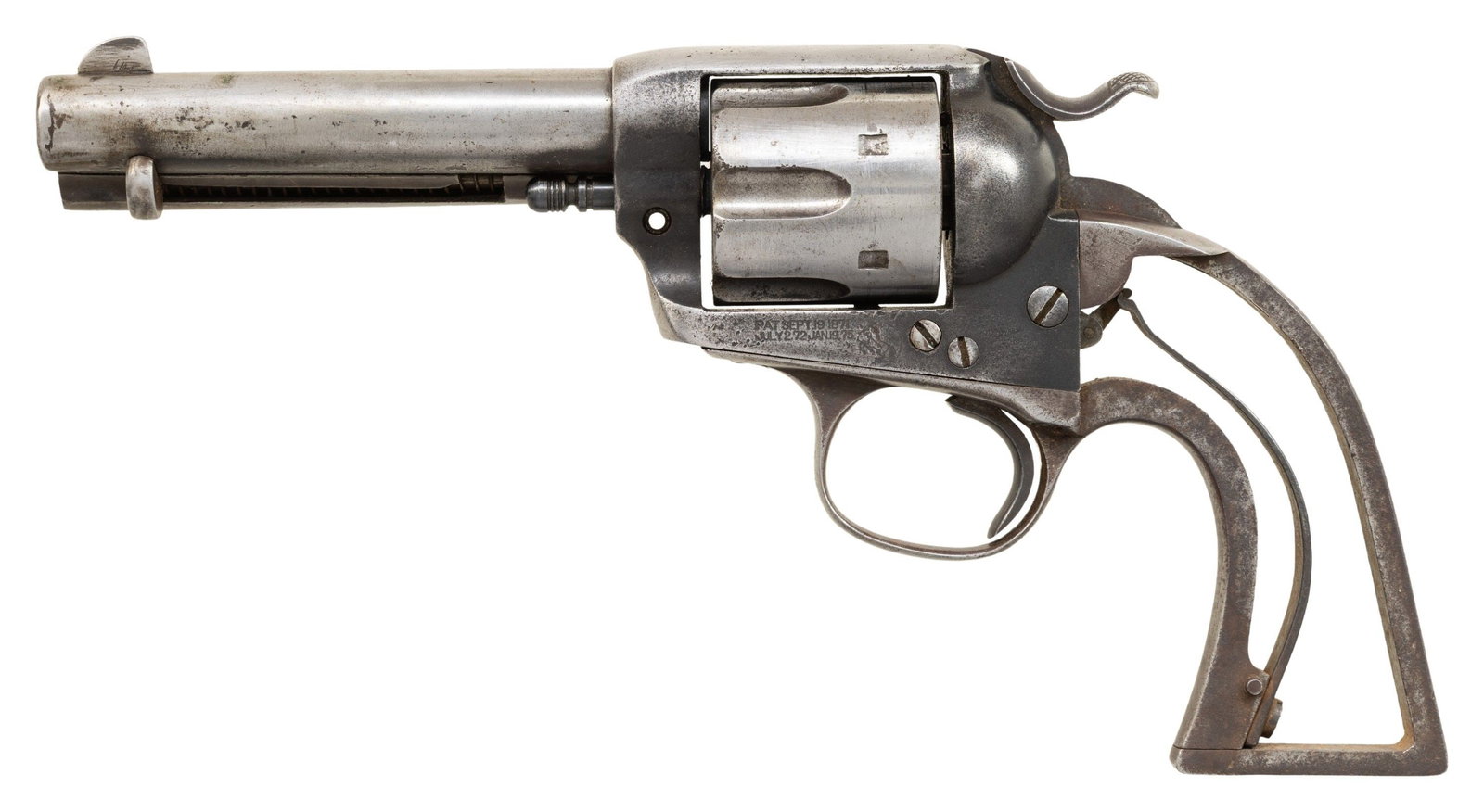 FIRST GENERATION COLT SINGLE ACTION ARMY BISLEY: MODEL REVOLVER. Cal. 44-40. S# 299952. Bbl. 4 3/4". Single Action Army Bisley Model revolver mfg. by Colt in 1907. Bbl. markings have been obliterated, save for the bottom line of Colt's 2-line mfg. i