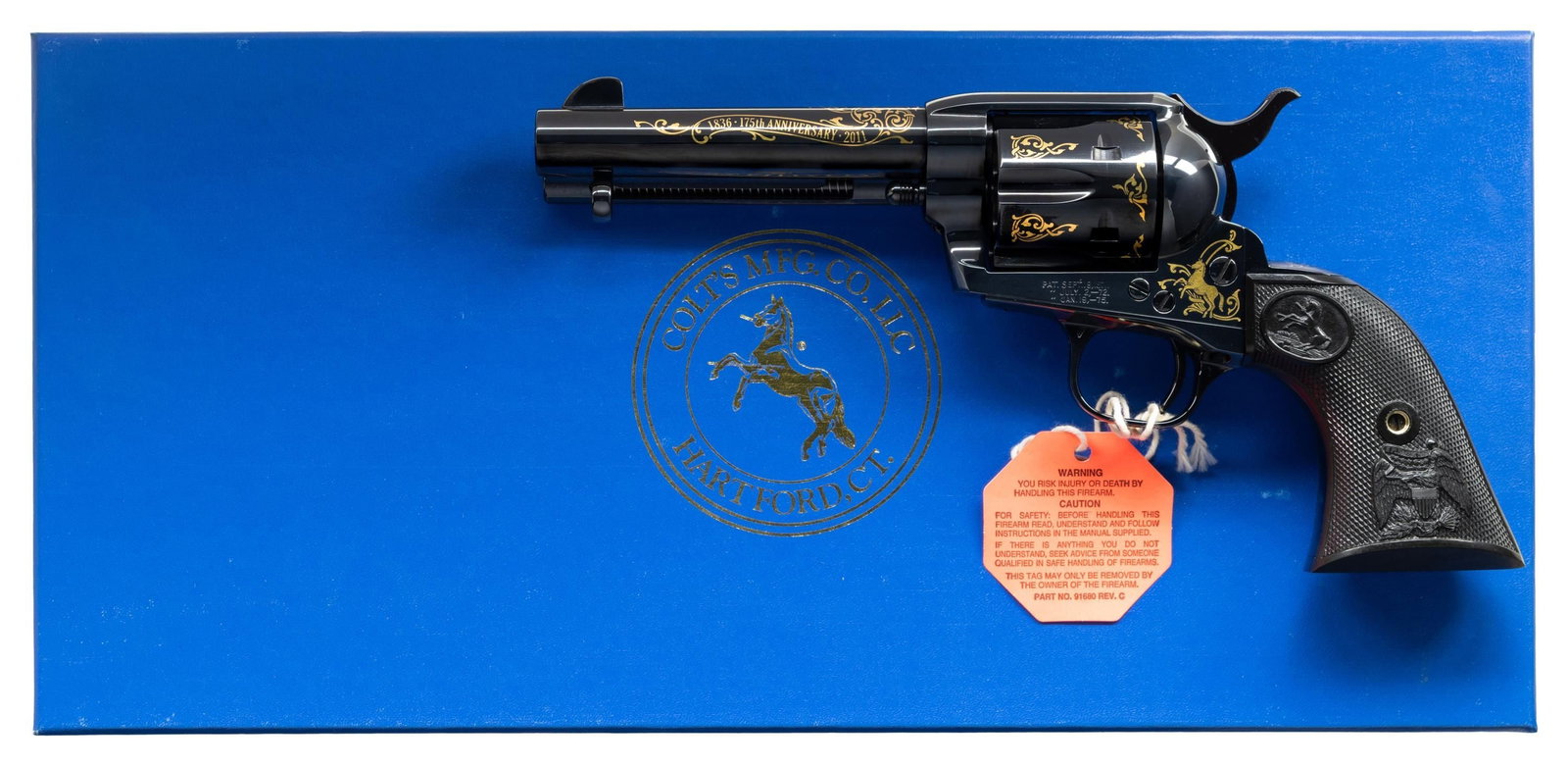 COLT 3RD GENERATION 175TH ANNIVERSARY: COMMEMORATIVE SAA REVOLVER WITH ORIGINAL BOX AND SHIPPING SLEEVE. Cal. 45 Colt. S# S65708A. Bbl. 4 3/4". Manufactured in 2011 to commemorate the 175th anniversary of Samuel Colt's monumental foray int
