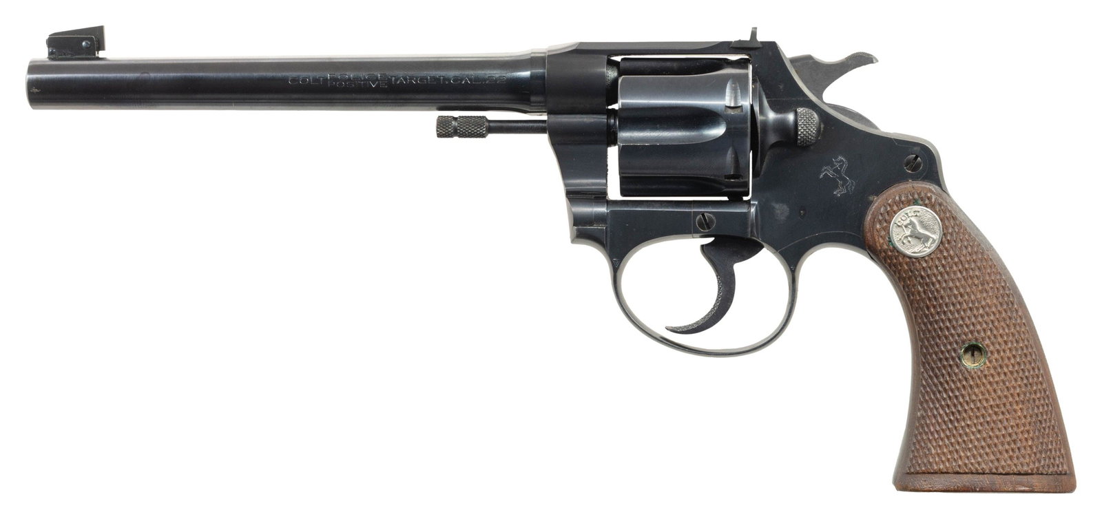 VERY FINE COLT POLICE POSITIVE TARGET REVOLVER.: Cal. 22 LR. S# 42810. Mfg. 1938. This very high condition example is fitted with a 6" bbl with double pinned front sight. It is marked with 2-line "COLT'S PT. F.A. MFG. CO. HARTFORD. CT. U.S.A. / PAT'