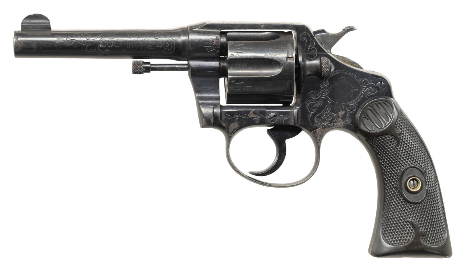 ENGRAVED COLT POLICE POSITIVE DOUBLE ACTION: REVOLVER. Cal 38 New Police. S# 45764. Mfg. 1911. This first issue Police Positive has been tastefully accented with a custom scroll and punch dot engraving with zigzag borders and entwined zig zag pa