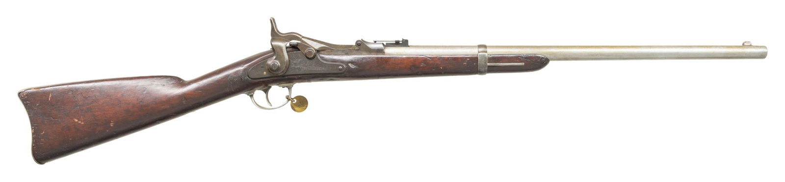 SCARCE U.S. SPRINGFIELD MODEL 1870 TRAPDOOR SADDLE: RING CARBINE. Cal. 50-70. NSN. Bbl. 22". Barrel "in the white" is unmarked. Folding ladder rear sight graduated 2,800. Rear sight ladder over receiver ring. Steel front sight base with brass blade. Br
