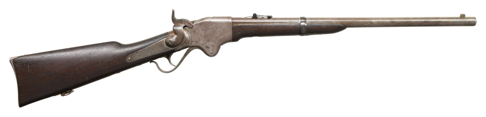 SPENCER CIVIL WAR MODEL SADDLE RING CARBINE.: Cal. 52 RF. S# 60046. Approx 50,000 Civil War Spencer carbines were mfg within a SN range of 11000-61000. This example is fitted with 22" matching SN, 6-groove bbl with iron lug front sight having a G