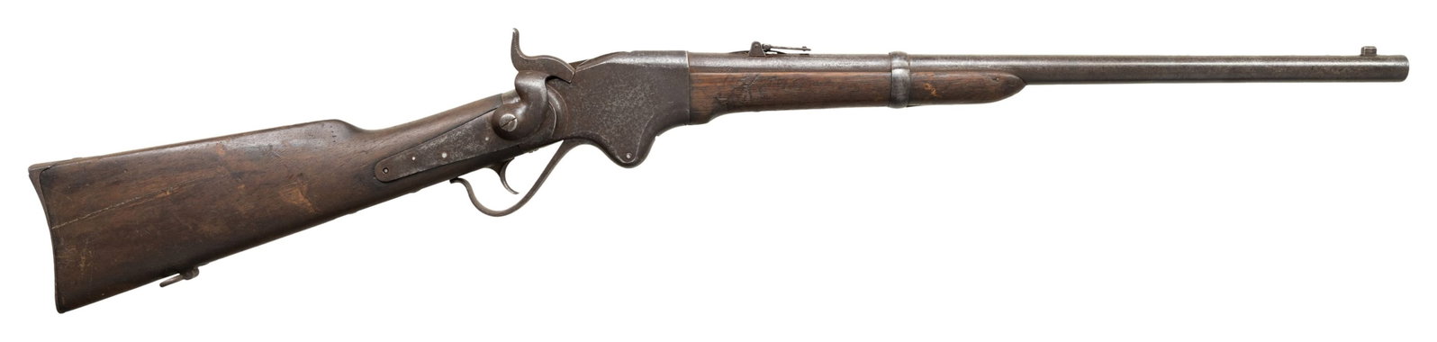 VERY EARLY SPENCER CIVIL WAR MODEL CARBINE.: Cal. 52 RF. S# 10557. Flayderman indicates that the Civil War model was found between SN 11000-60000 with approx 50000 mfg. There have been others found with SN under 11000 such as this one. It is fit