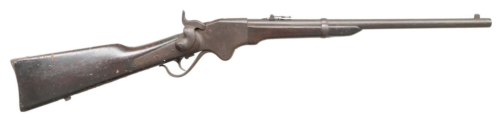 BURNSIDE RIFLE CO. SPENCER M1865 SADDLE RING: CARBINE. Cal. 50. S# 21586. The model 1865 was mfg from 1865-66. It is fitted with a 20" 6 groove bbl weld with a bbl band and screw. Iron block front sight & carbine rear sight. The top of the frame 
