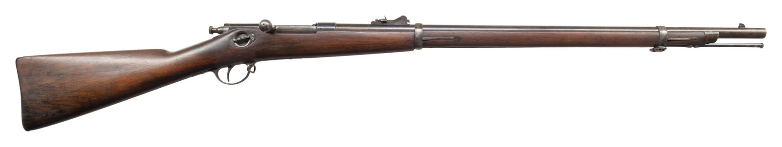 1ST MODEL WINCHESTER-HOTCHKISS MARTIALLY MARKED: NAVY BOLT ACTION MUSKET. Cal. 45-70. S# 1273. Mfg. 1879. This example is fitted with a 32" bbl with "US / anchor / V / P / Eagle" proofing. The front sight is a block riser pinned blade and the rear i