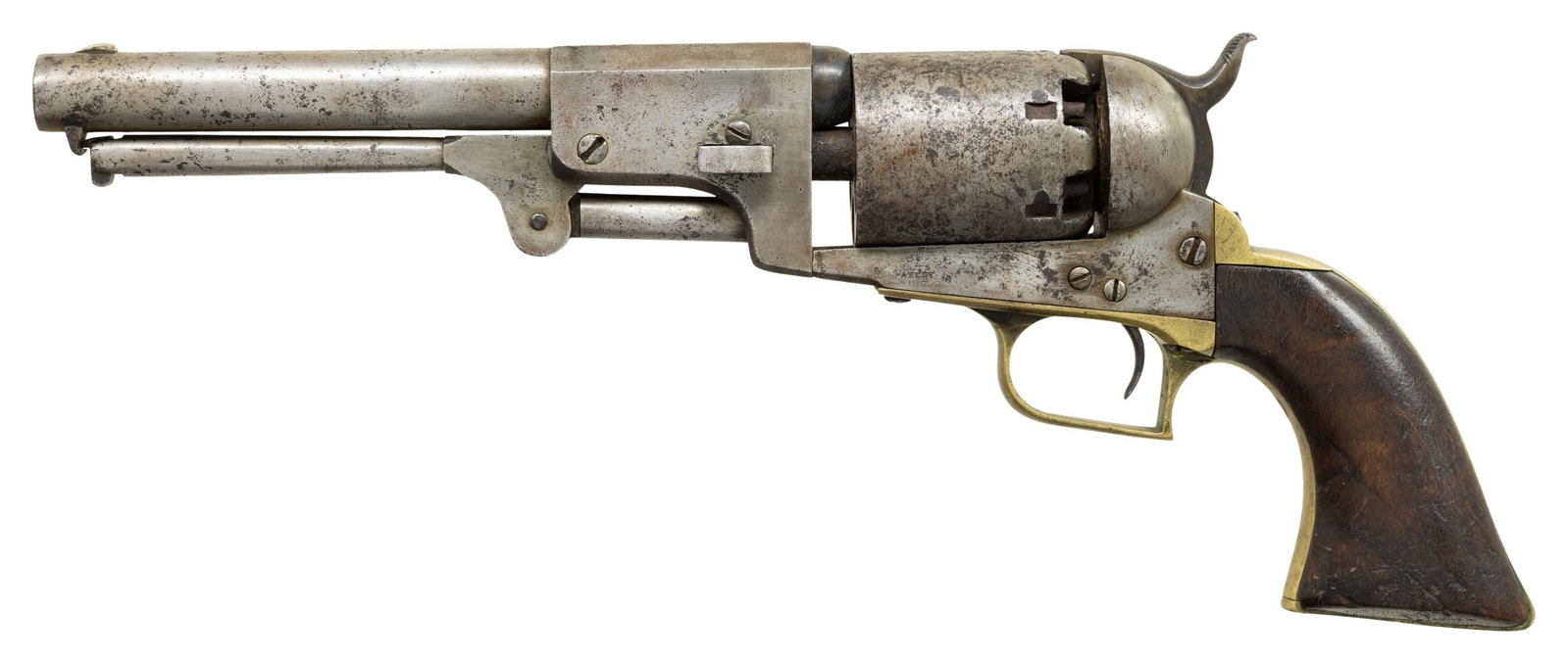 2ND MODEL MARTIAL COLT DRAGOON REVOLVER.: Cal. 44. S# 8768. Standard configuration for Colt 2nd model dragoon, blue and case colored, 7-1/2" octagonal to round barrel, German silver front blade sight and "ADDRESS SAML COLT NEW YORK" address. 