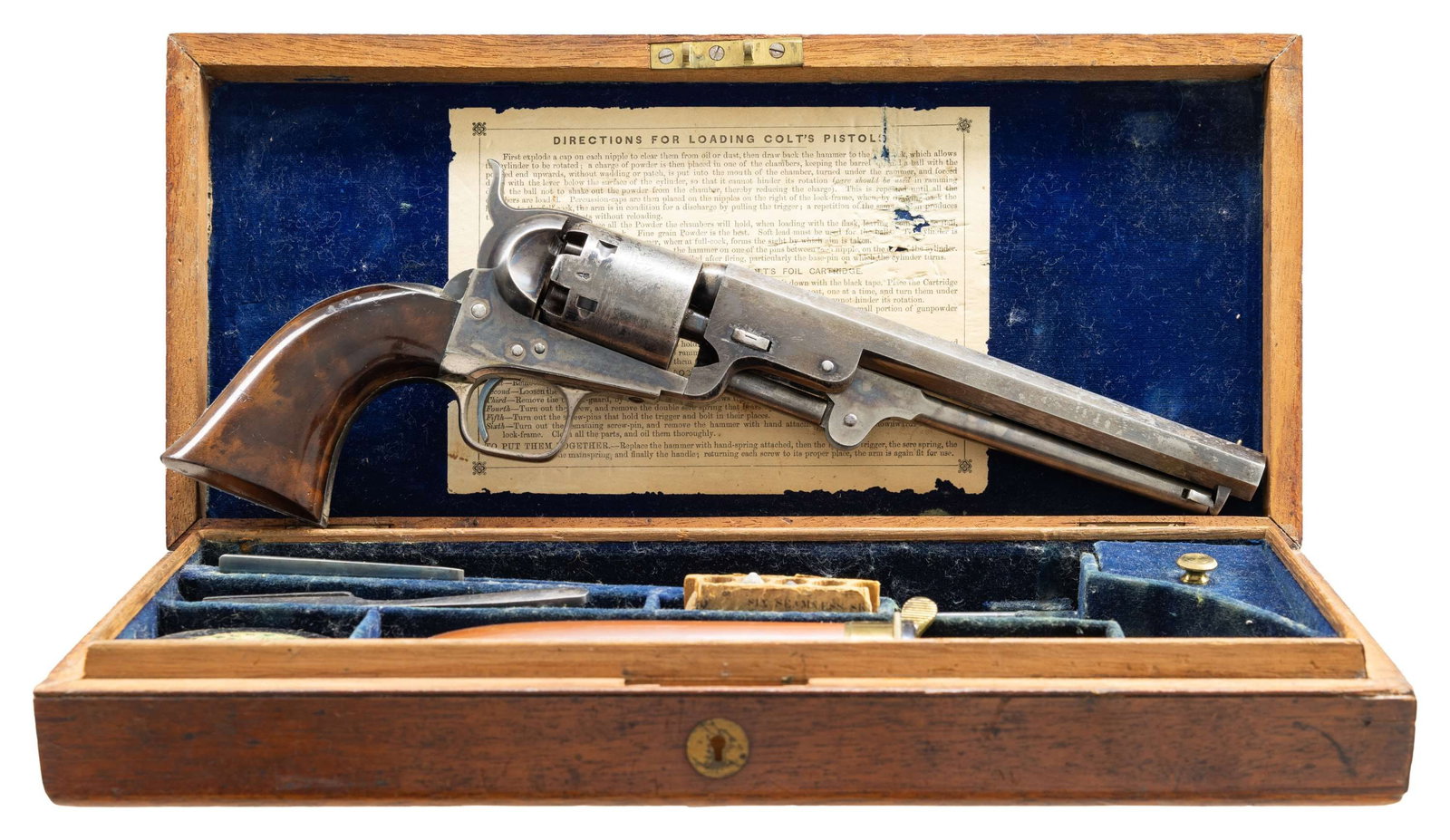 FINE CASED COLT MODEL 1851 LONDON NAVY REVOLVER.: Cal. 36 S# 31978. Standard configuration, silver plated steel back strap & trigger guard, 7.5" octagonal barrel marked "ADDRESS COL. COLT LONDON" with dashes, small brass cone shaped bead sight, 6-sho