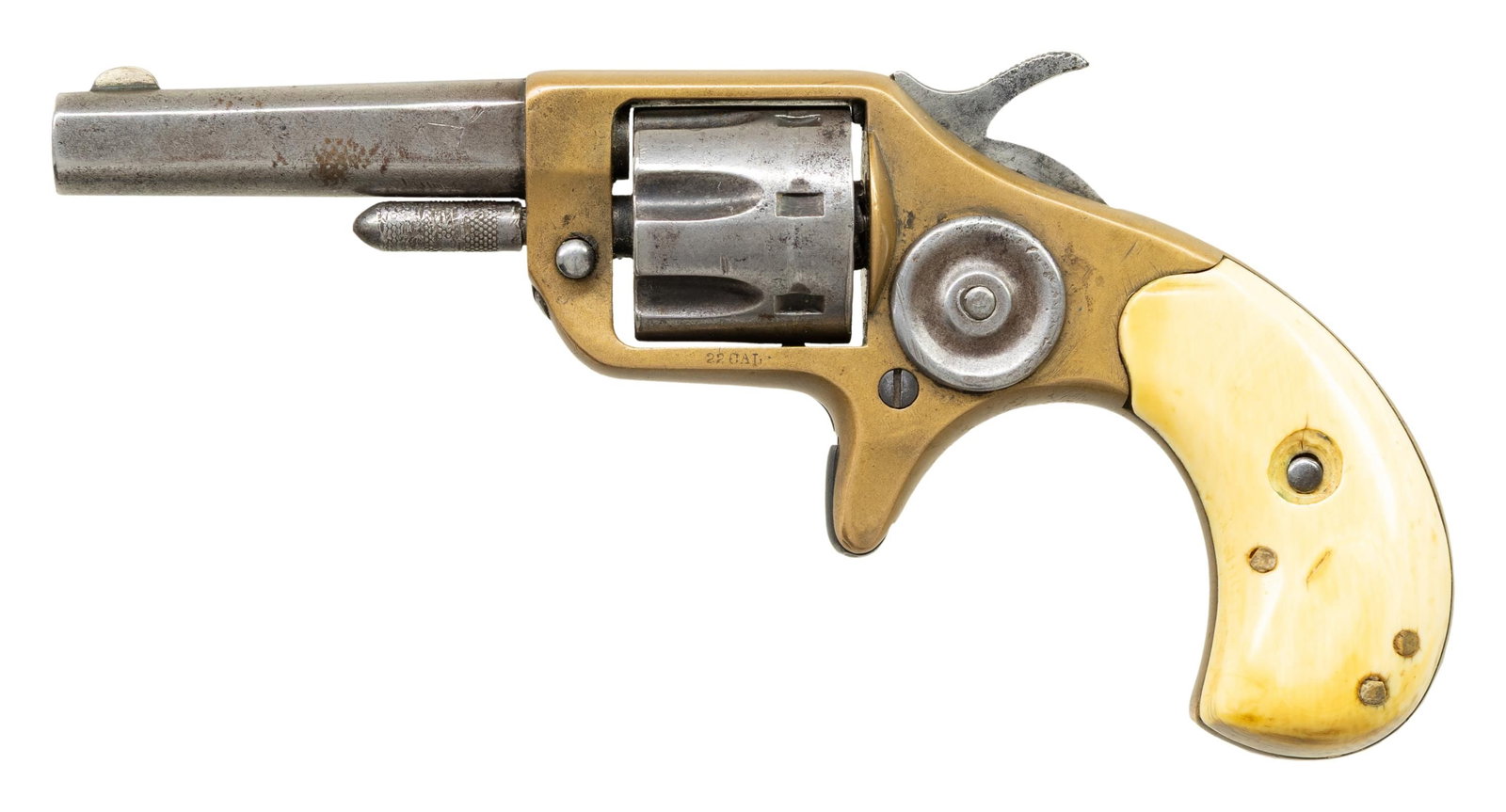 COLT NEW LINE 22 REVOLVER.: Cal. 22RF. S# 6285. Approx 55,000 of these 22 RF spur triggers were produced from 1873-77. It is fitted with a 2 1/4" bbl with "COLT'S PT F.A. MFG. CO. / HARTFORD. CT. U.S.A." bbl address. 7-shot cyli