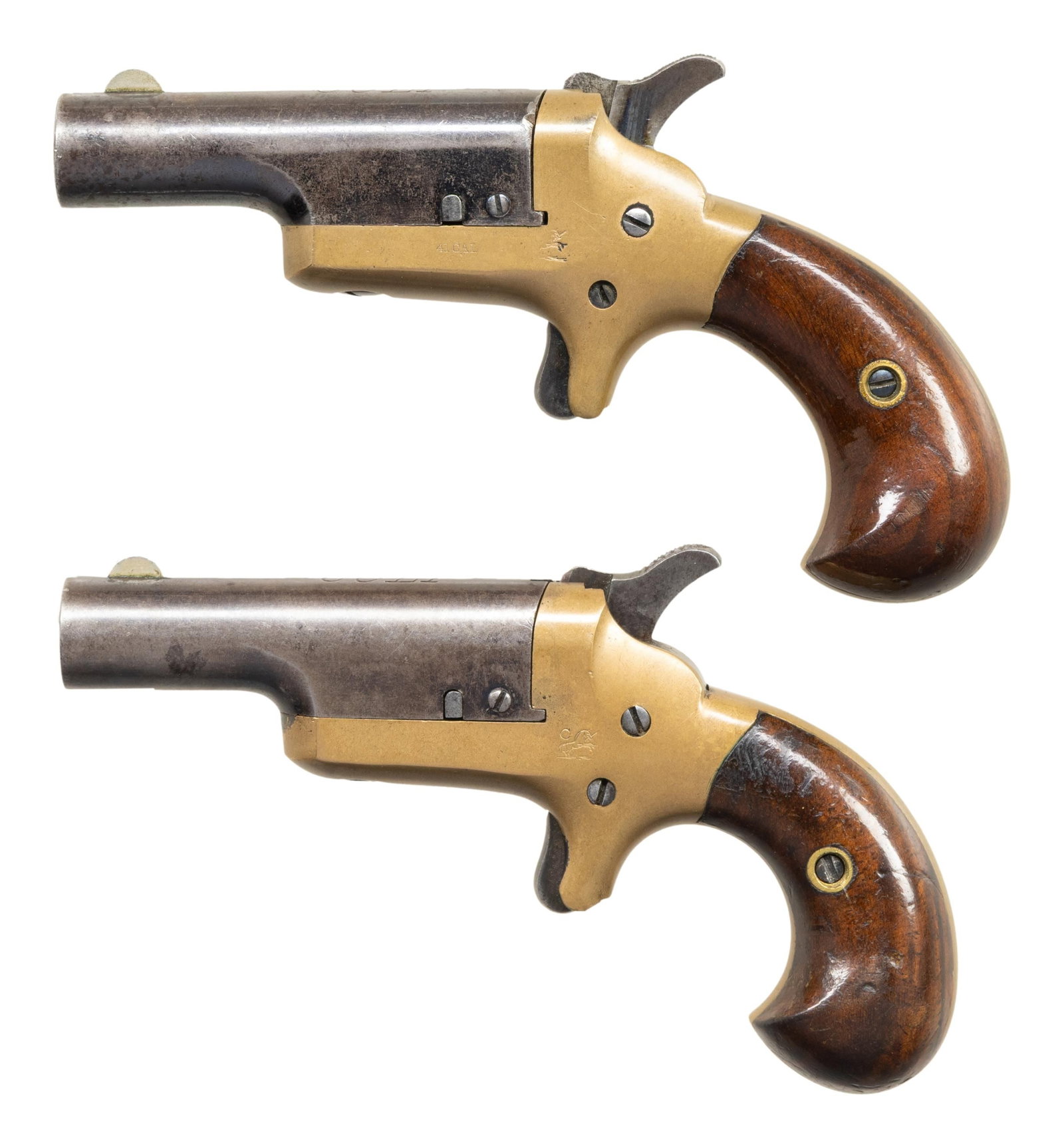 TWO COLT THUER THIRD MODEL DERINGERS.: Both. cal. 41 rimfire. Bbl 2 1/2" round are marked "COLT" in Italics. Barrels pivot to the right for loading. German silver semi-circular front sights. Blued barrels. Silver finished bronze frames wit