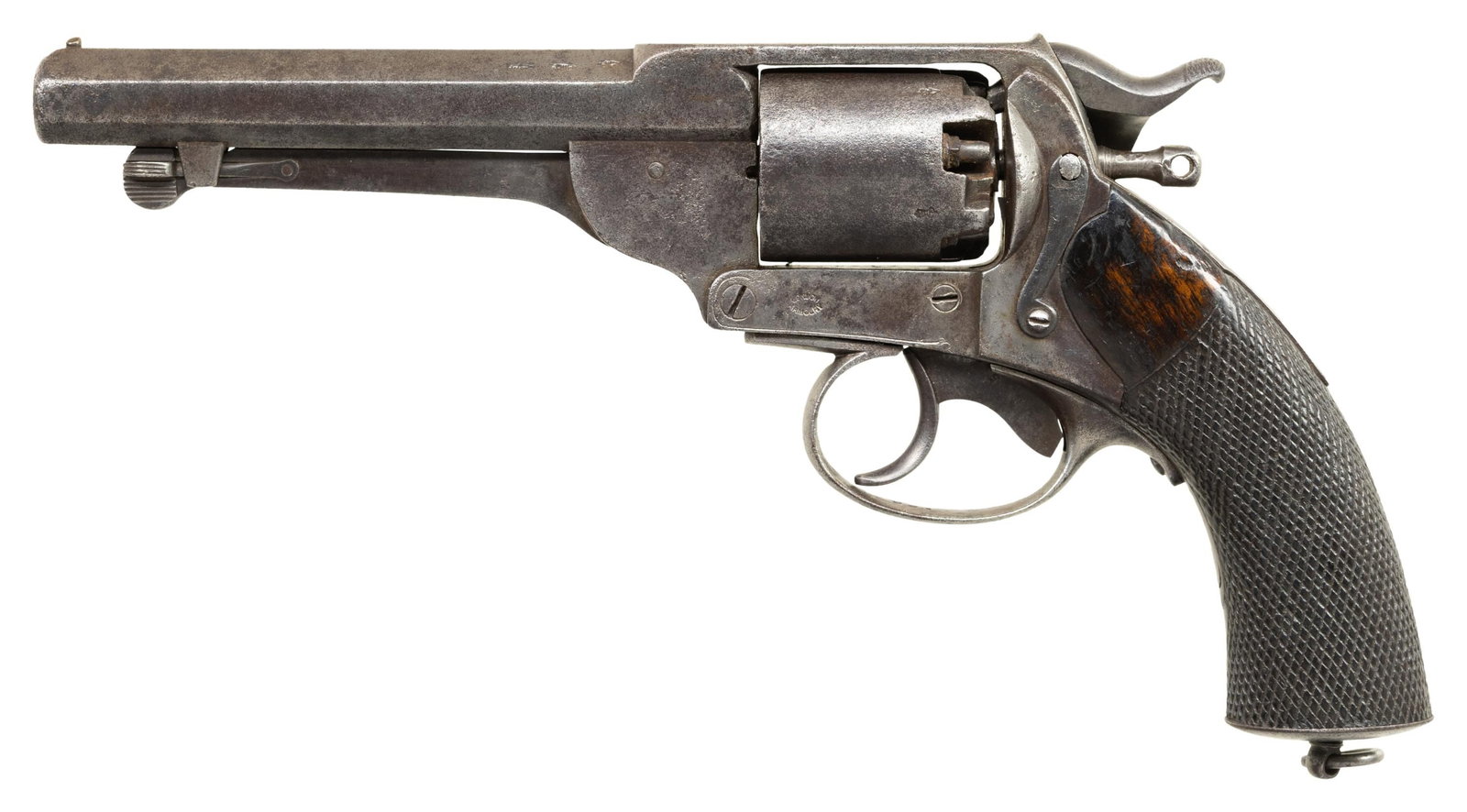 CONFEDERATE JS ANCHOR KERR REVOLVER.: Cal. 44 (54 bore). S# 6809. The London Armoury Co. produced about 11,000 large 54 bore revolvers from 1859-1866. The largest part of that production was purchased by the Confederacy, and most have the